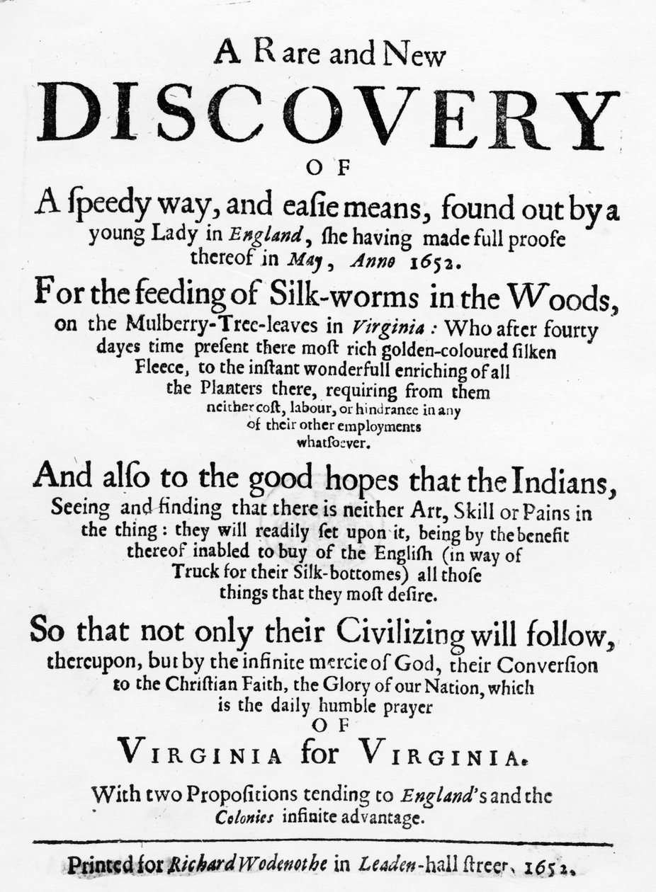 Samuel Hartlib református virginiai selyemhernyójának címlapja, 1652-ben megjelent (magasnyomás) alkotó: English School