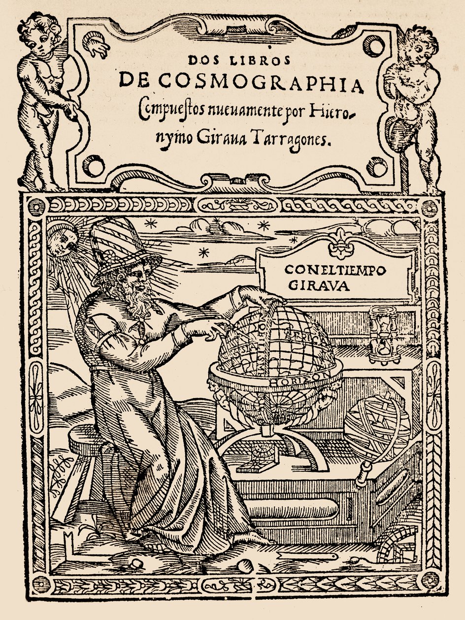 Címlap Hieronymo Girana Tarragones két kozmográfiai könyvéhez, The Narrative and Critical History of America, szerkesztette: Justin Winsor, London, 1886 (fatömbnyomat) alkotó: English School