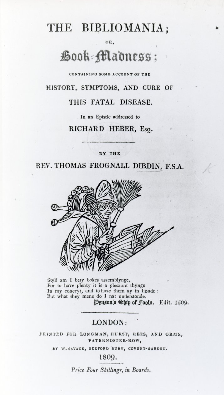 Címlap a Bibliomániához, Thomas Frognall Dibdin tiszteletestől, 1809-ben (nyomtatott papír) alkotó: English School