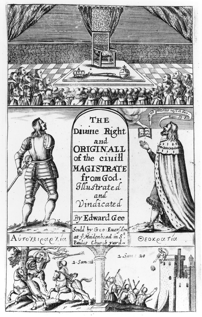 Címlap az isteni joghoz és az Istentől származó polgári bíró eredeti példánya, Edward Gee metszet, 1658 alkotó: English School
