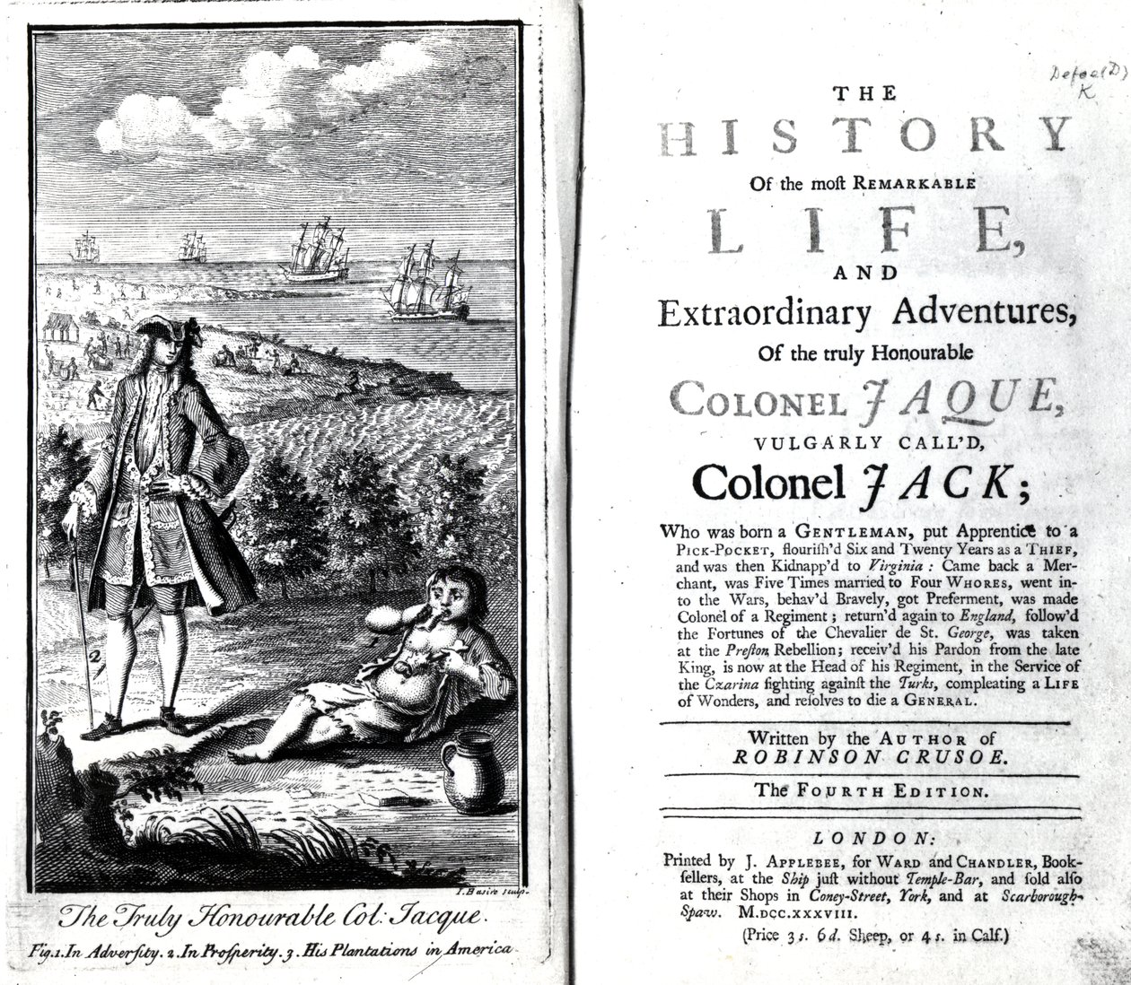 Címlap és előlap az igazán tisztelt Jaque ezredes legfigyelemreméltóbb életének és rendkívüli kalandjainak történetéhez, Daniel Defoe, 1738 alkotó: English School