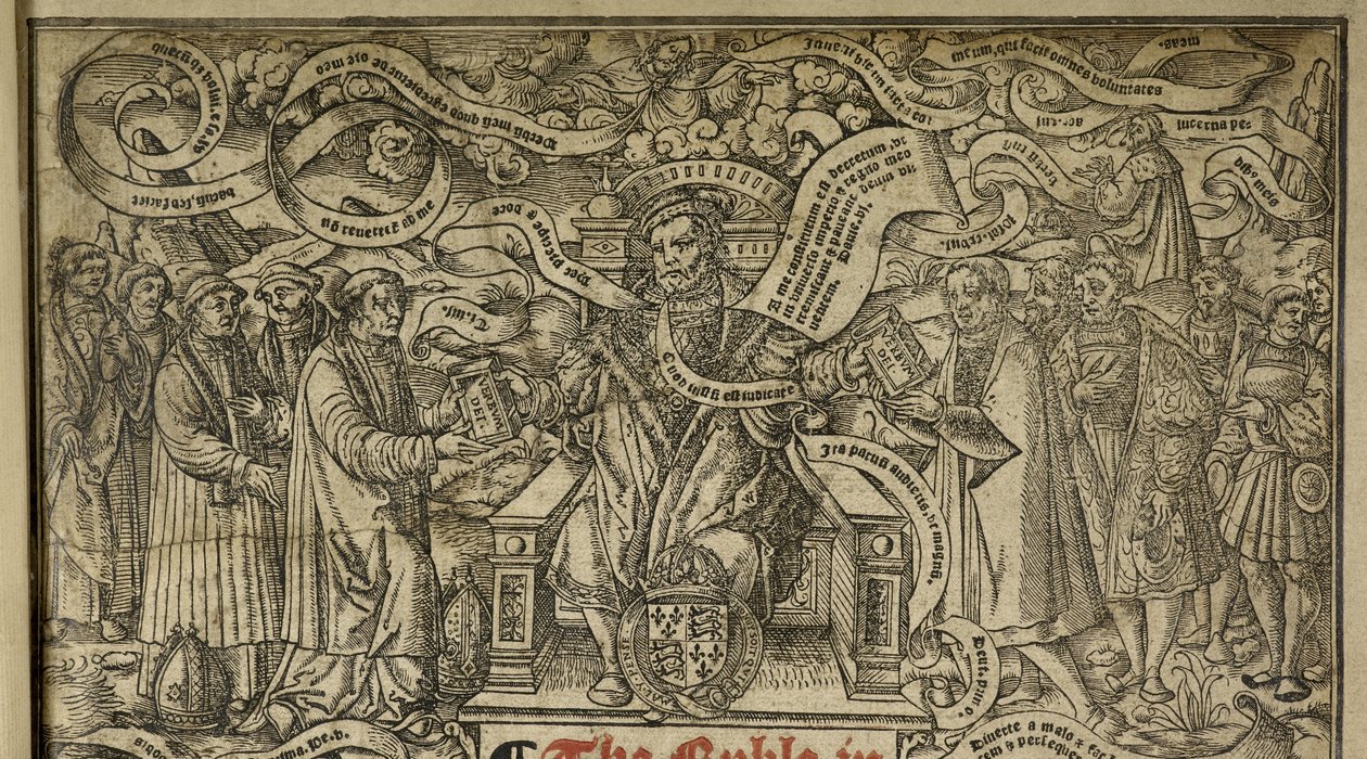 Címoldal részlet, amely a „VIII. Henrik királyt ábrázolja, a Nagy Bibliából”, 1541 körül (fametszet) alkotó: English School