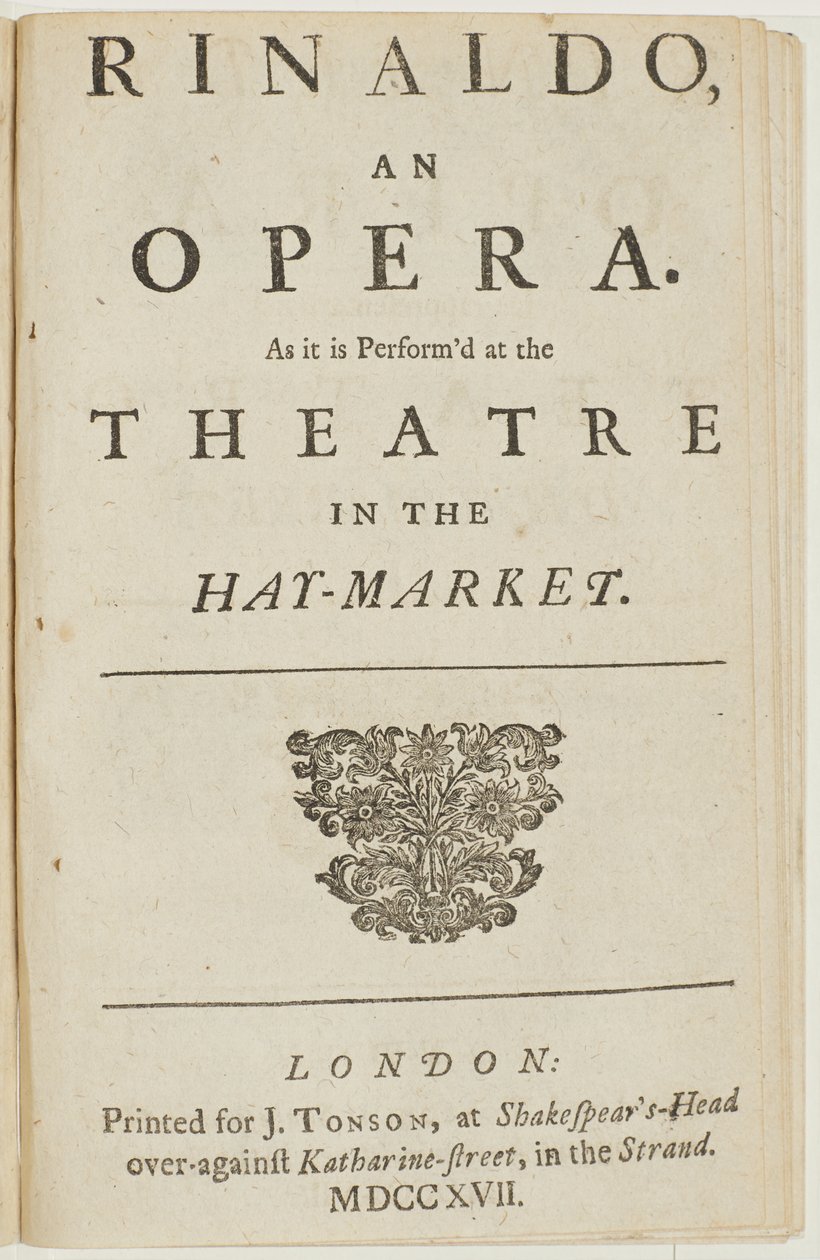 Címlap Händel „Rinaldo” című operájának librettójából, Giacomo Rossi, 1717 alkotó: English School