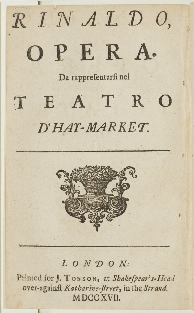 Címlap Händel „Rinaldo” című operájának librettójából, Giacomo Rossi, 1717 alkotó: English School