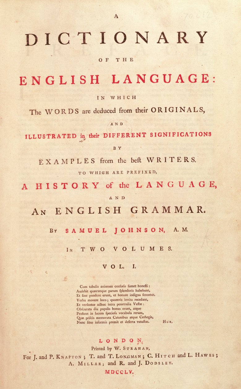 A Johnsons Dictionary of the Human Language címlapja, London, 1755 alkotó: English School