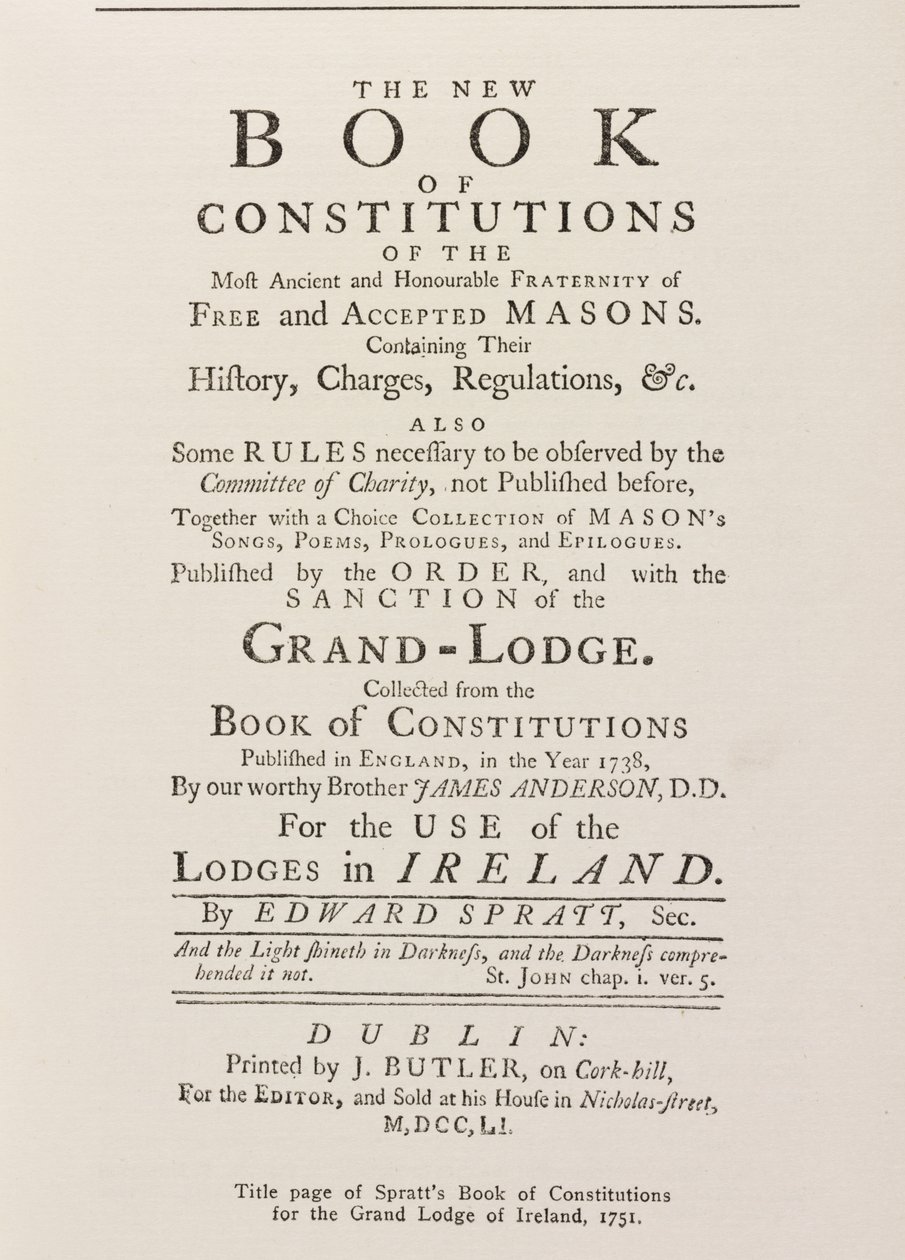 Az írországi nagypáholy Spratts alkotmánykönyvének címlapja, 1751 alkotó: English School