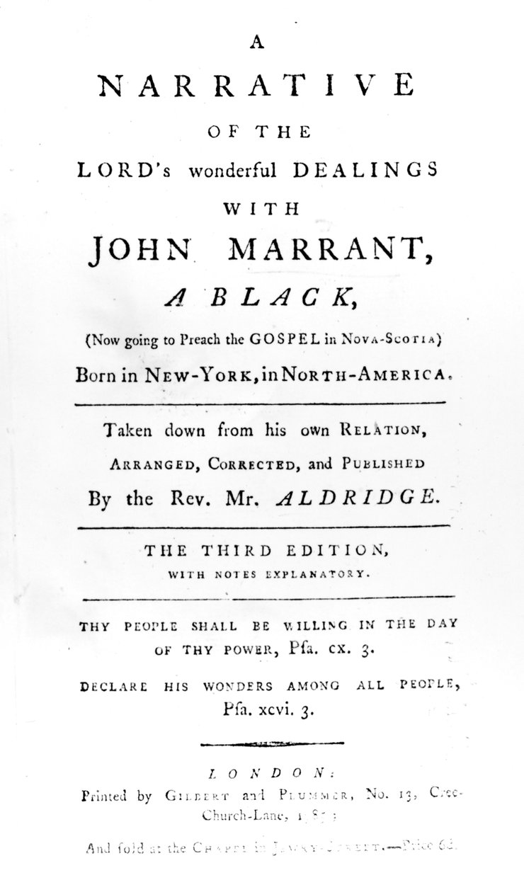 Címlap az A Narrative of the Lords Wonderful Dealings with John Marrant-hoz, A fekete átiratához Rev. William Aldridge, 1785 alkotó: English School