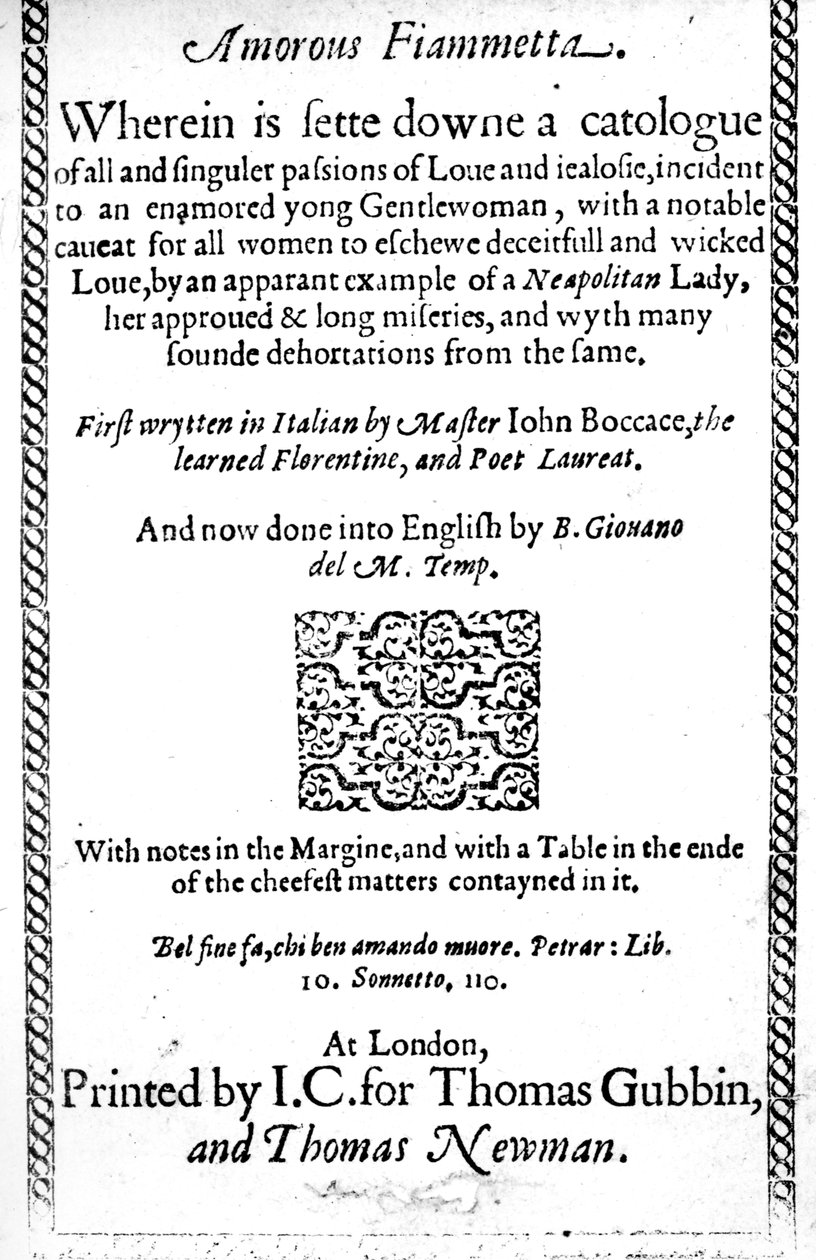 Giovanni Boccaccio Amorous Fiammetta címlapja, angol fordítása 1587-ben jelent meg alkotó: English School