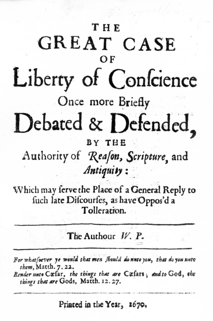 Címlap a The Great Case of Lelkiismeret szabadságához, William Penn 1670-ben alkotó: English School