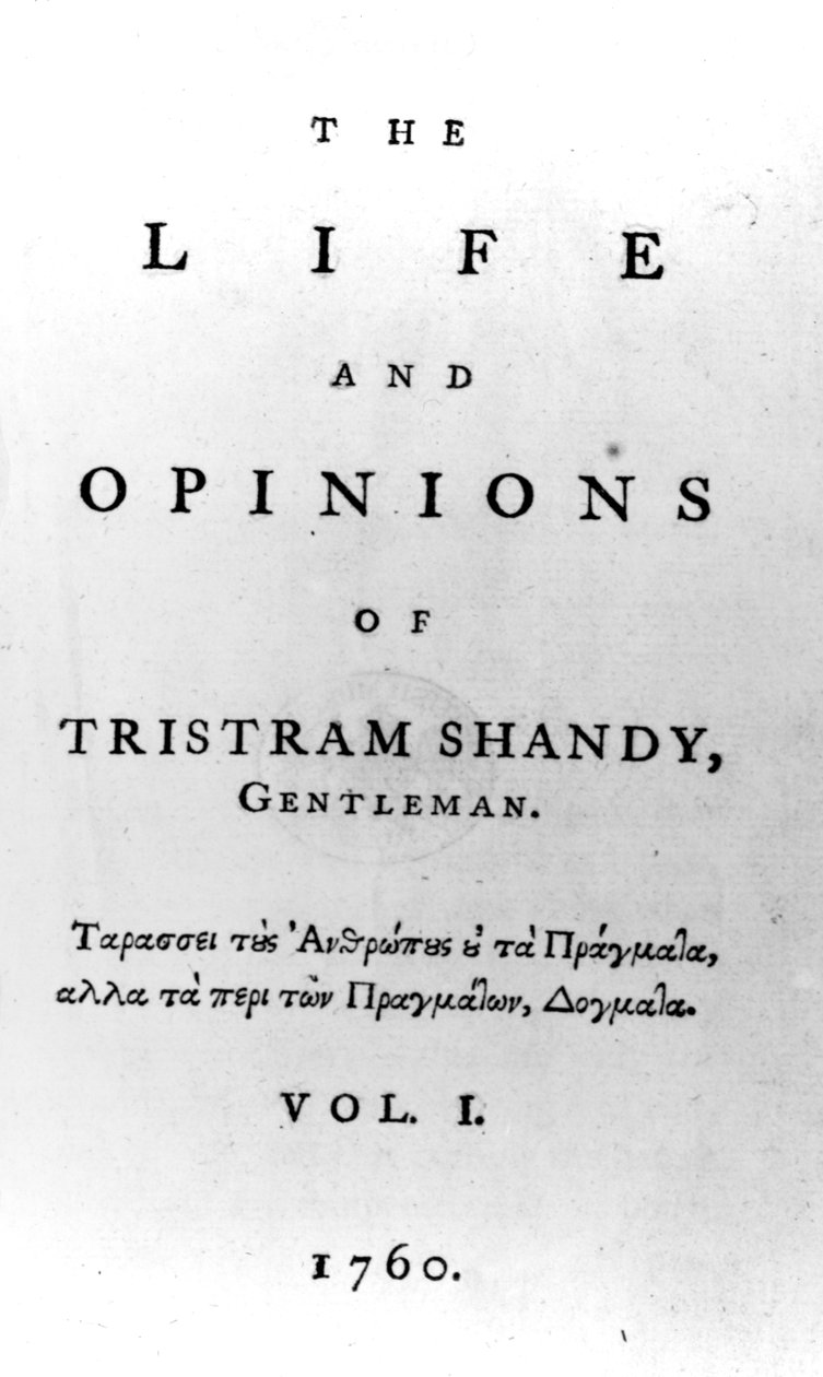 Laurence Sterne 1760-ban megjelent Tristram Shandy, Gentleman élete és véleménye címlapja alkotó: English School