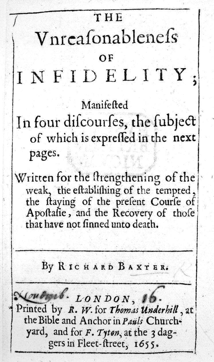 Richard Baxter 1655-ben megjelent A hűtlenség ésszerűtlensége címlapja alkotó: English School