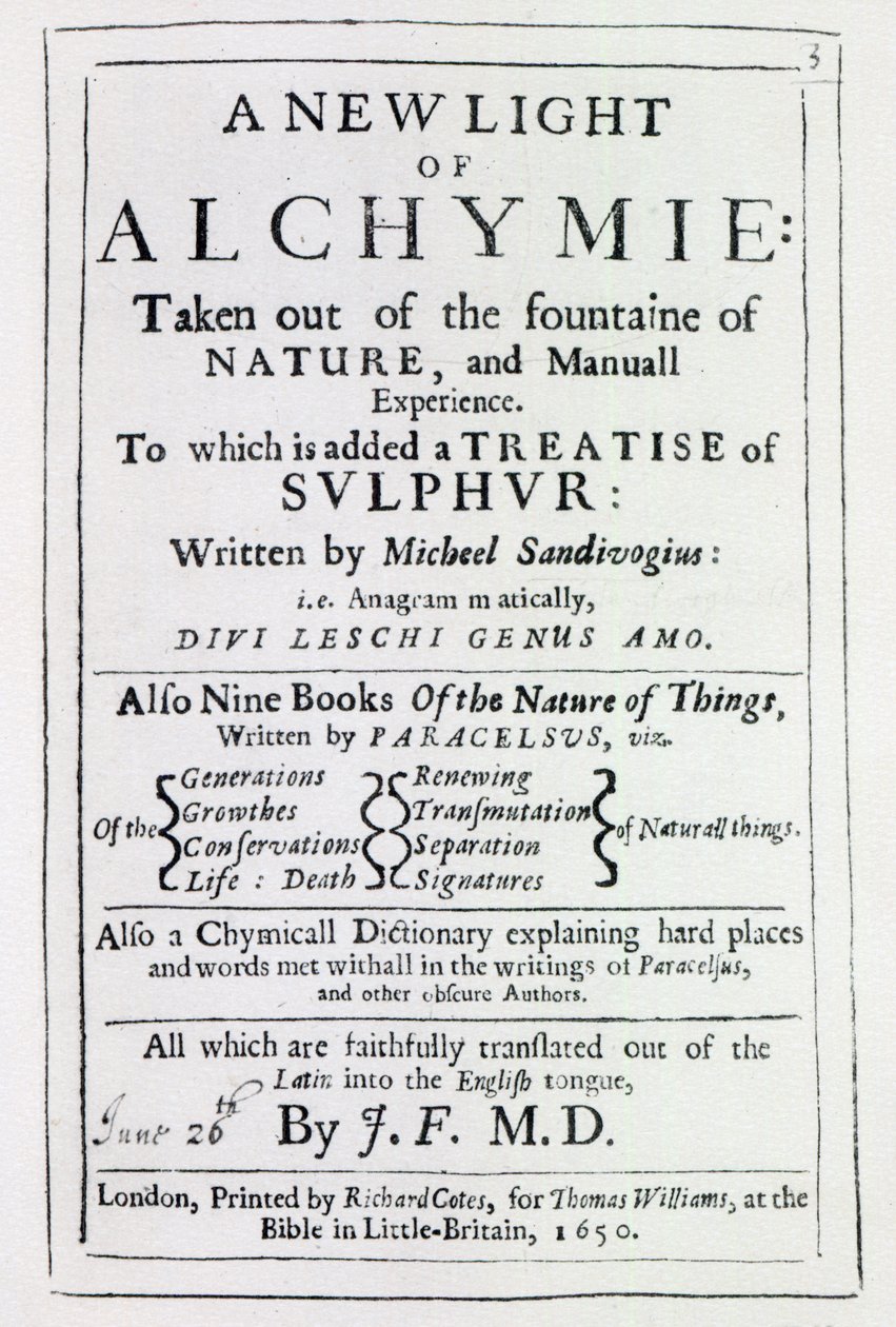 Címlap Michal Sedziwoj A New Light on Alchemy című könyvének angol nyelvű kiadásához, 1650 (nyomtatott) alkotó: English School