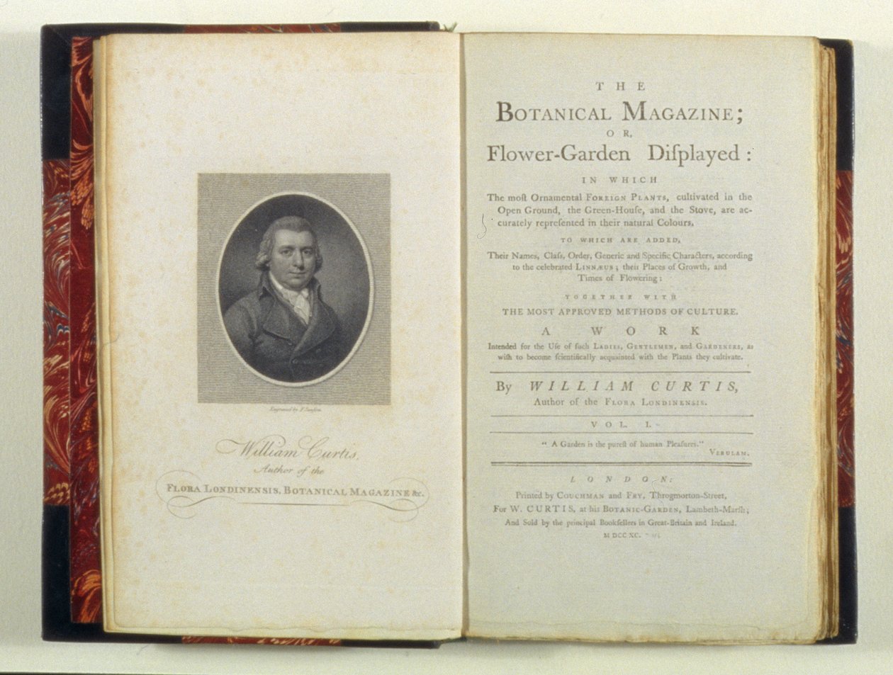 Címlap William Curtis (1749-99) portréjával, a The Botanical Magazine vagy a Flower-Garden Displayedből, William Curtis, megjelent 1790 alkotó: English School