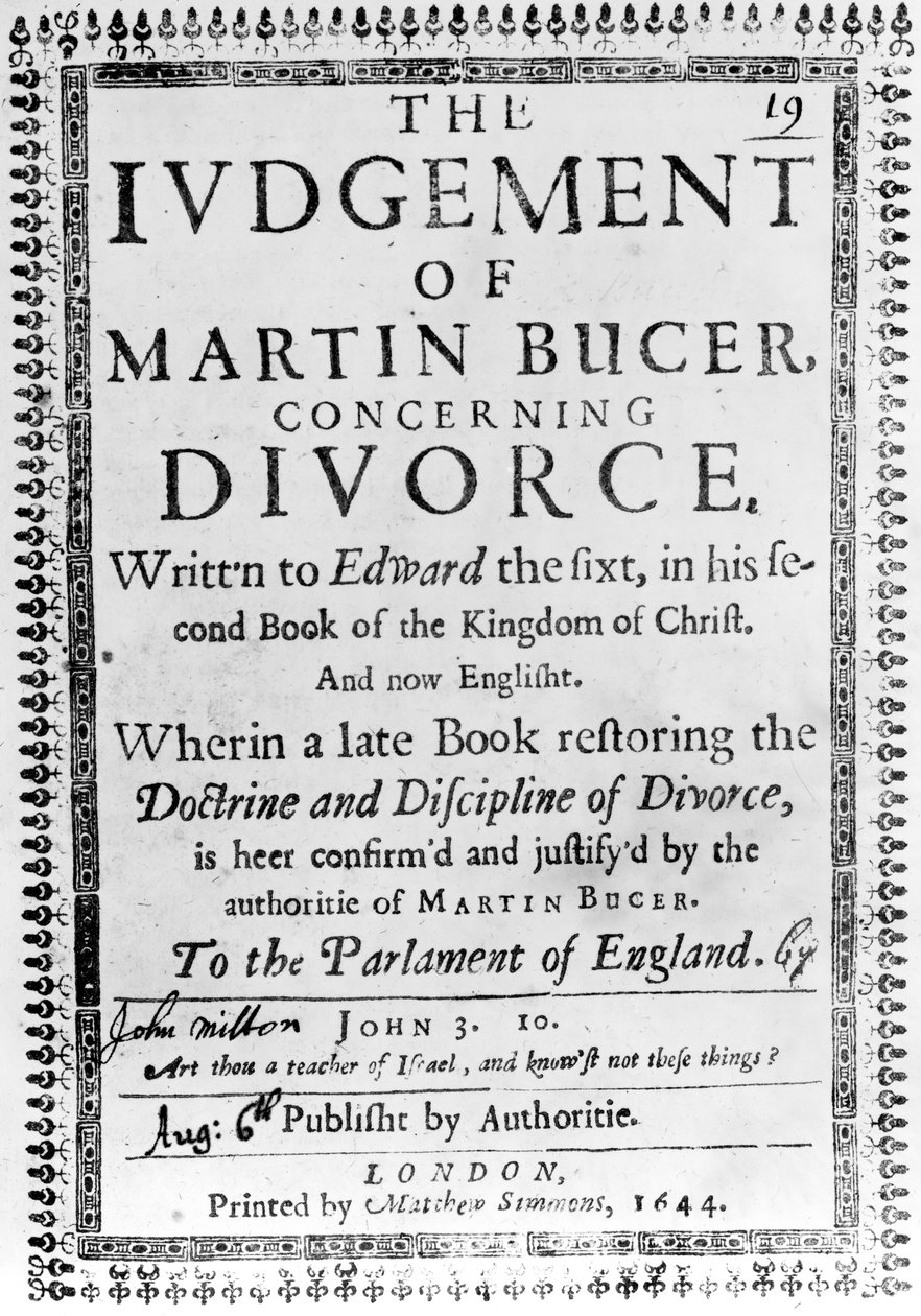 Címlap a The Judgement of Martin Bucer a válásról, John Miltontól, 1644-ben (nyomtatott papír) alkotó: English School