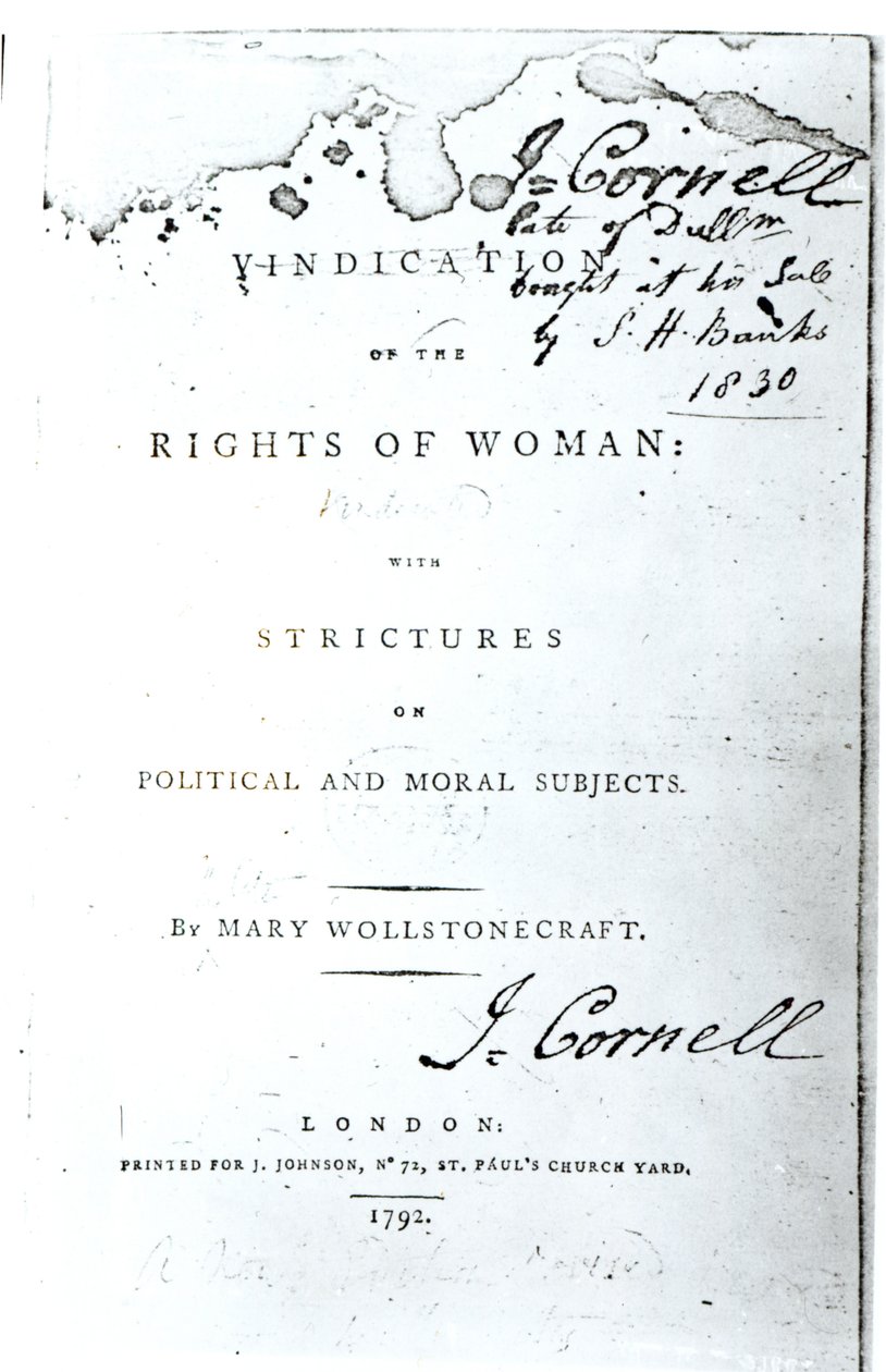 Mary Wollstonecraft női jogainak érvényesítésének címlapja, 1792-ben alkotó: English School