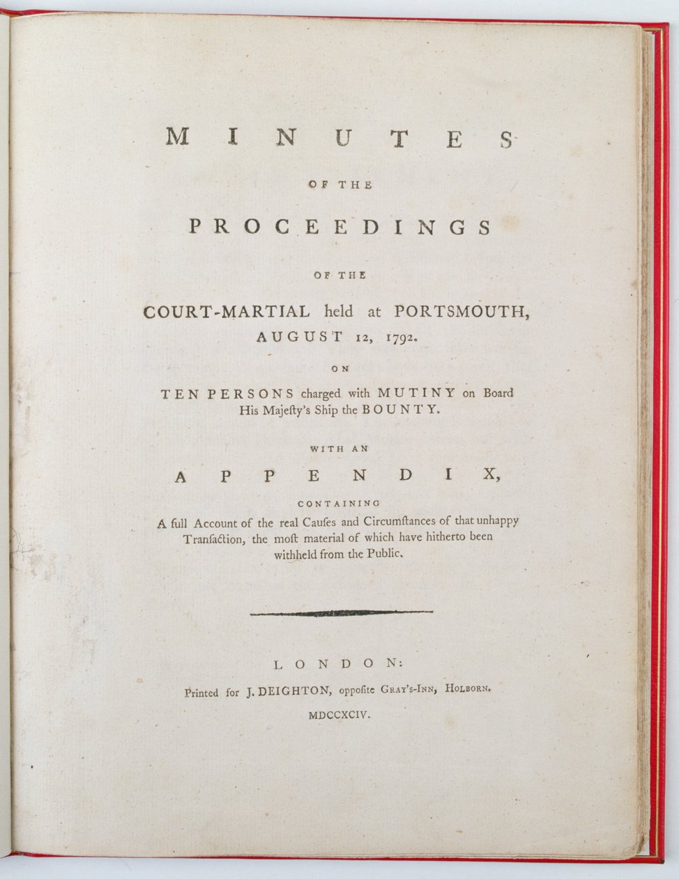 A Portsmouthban, 1792. augusztus 12-én tartott hadbíróság eljárásáról készült jegyzőkönyv címlapja, Londonban, 1794. (nyomtatott) alkotó: English School