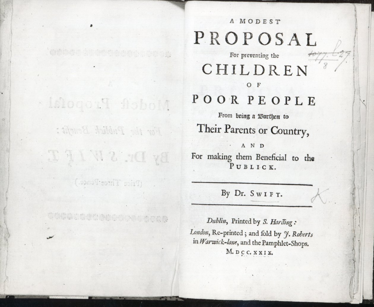 Címlap: Jonathan Swift Szerény javaslata, 1729-ben (nyomtatott) alkotó: English School