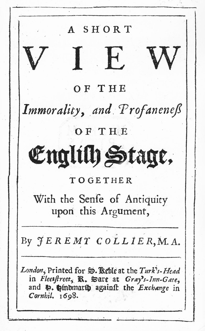 Címlap az angol színpad erkölcstelenségének és trágárságának rövid áttekintéséhez, Jeremy Collier, 1698 (nyomtatott papír) alkotó: English School