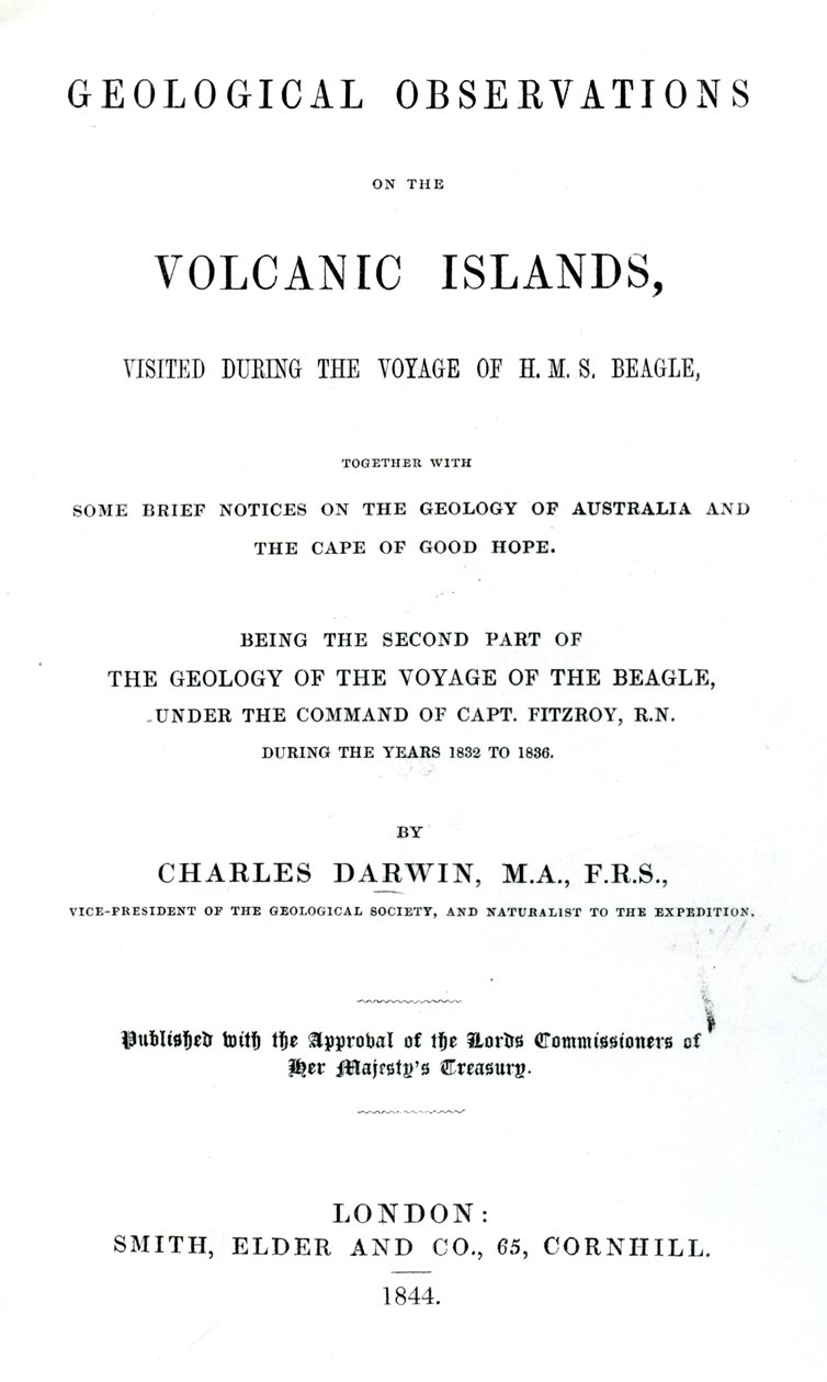 Címlap: Charles Darwin Geológiai megfigyelések a vulkáni szigeteken, 1844 (nyomtatott papír) alkotó: English School