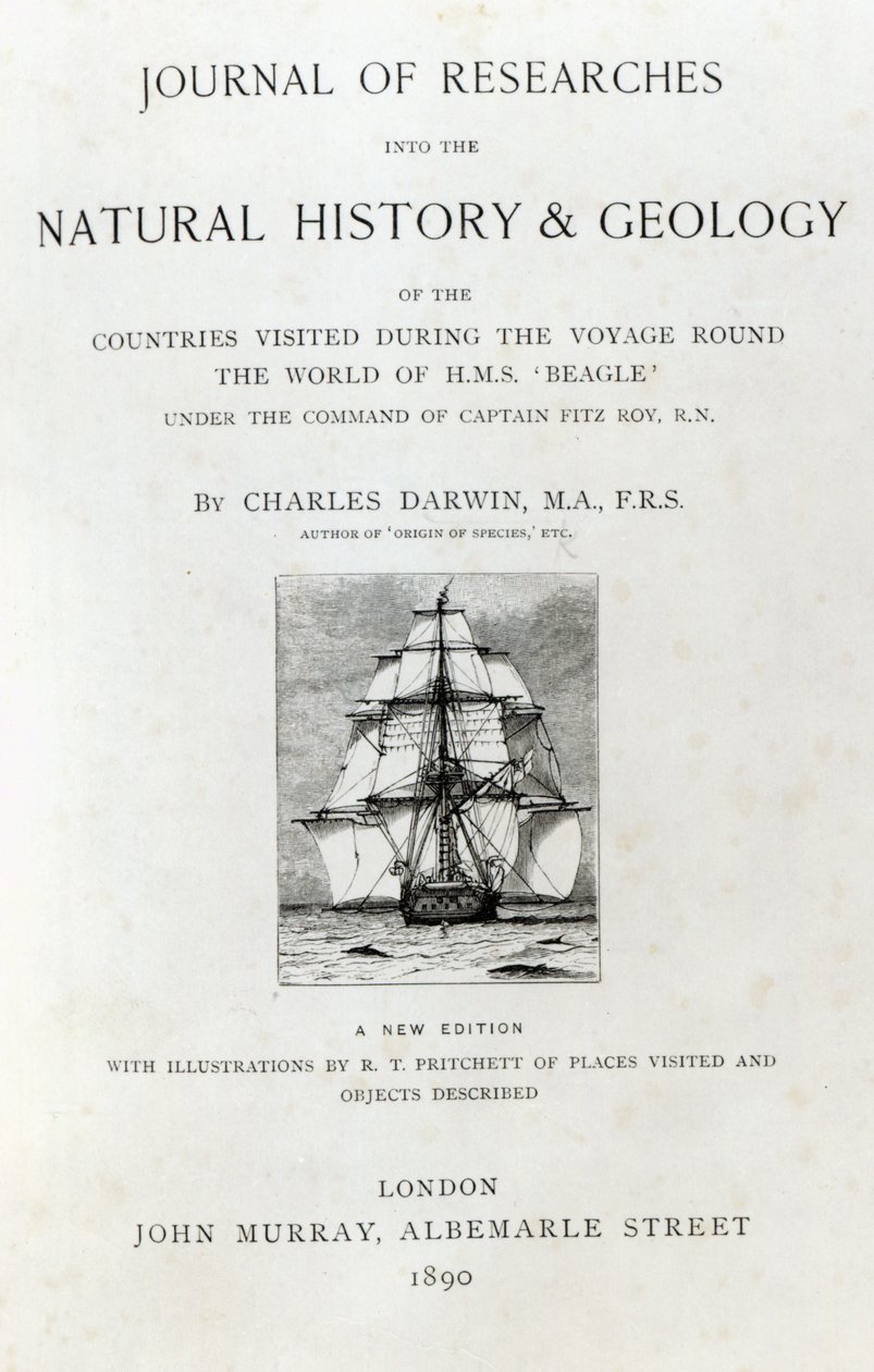 Charles Darwin 1890-ben megjelent The Voyage of the Beagle címlapja alkotó: English School