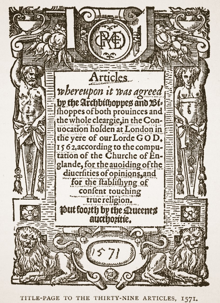Címlap a Thirty-Nine cikkhez, 1571, illusztráció a The Church of England: A History for the People című könyvéből, H.D.M. Spence-Jones, kocsma. 1910 körül (szépia fotó) alkotó: English School