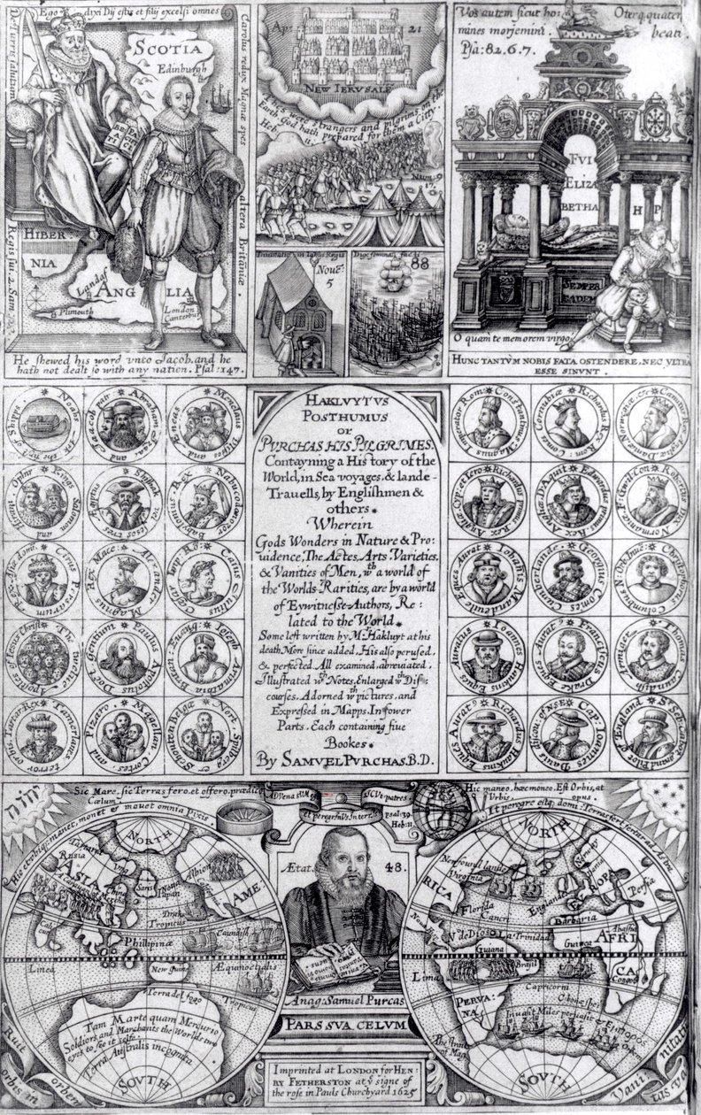 Címlap a Hakluytus Posthumus vagy Purchas His Pilgrimes című, 1625-ben megjelent első kiadásához alkotó: English School