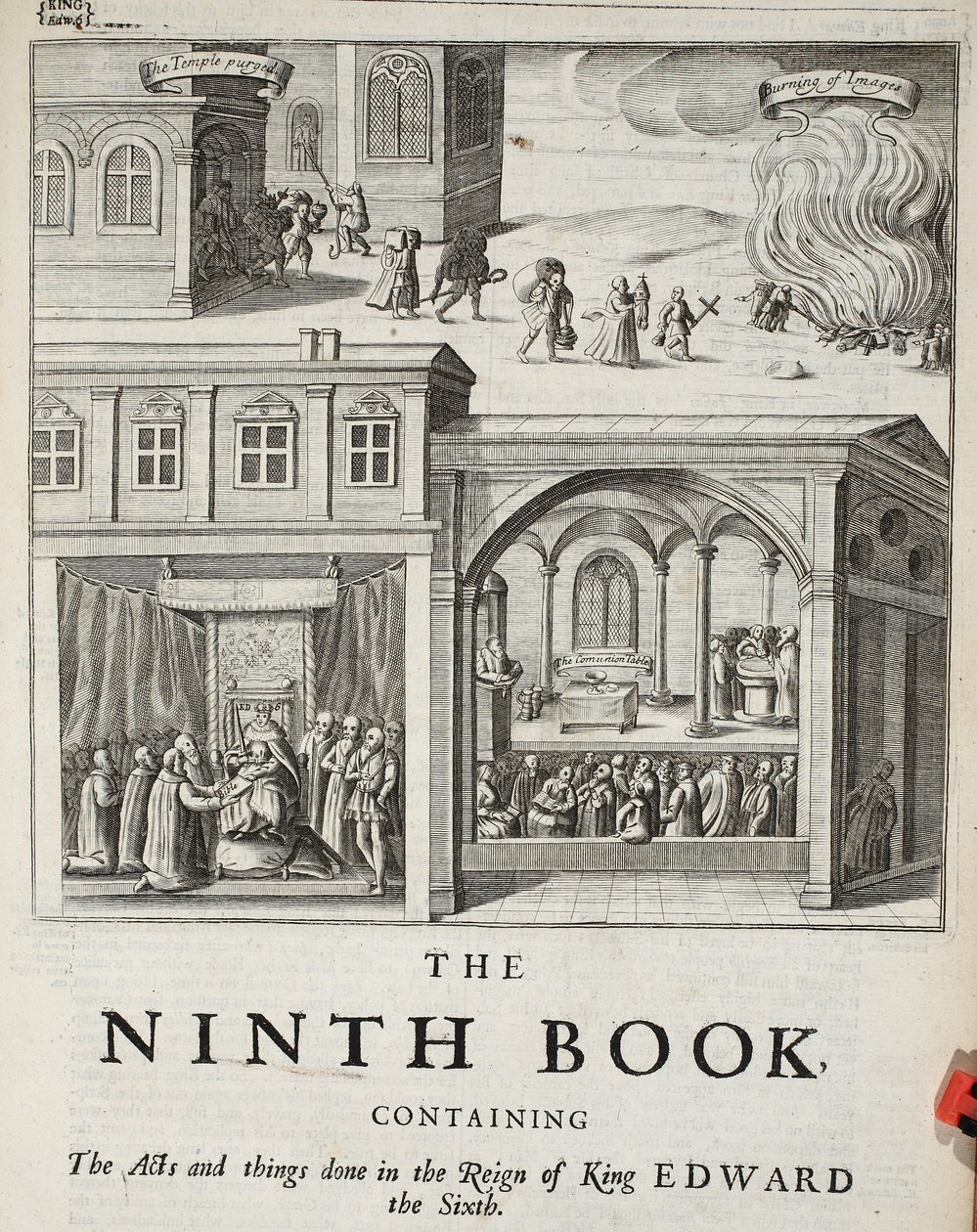 A kilencedik könyv címlapja, illusztrációja John Foxe cselekedeteiből és emlékművekből, kilencedik kiadás, pub. 1684 alkotó: English School