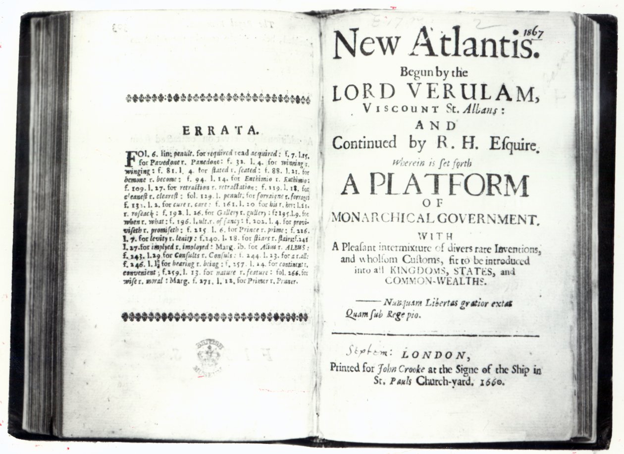 Címlapok Francis Bacon Új Atlantisz című művének 1660-ban megjelent kiadásához (nyomtatott) alkotó: English School