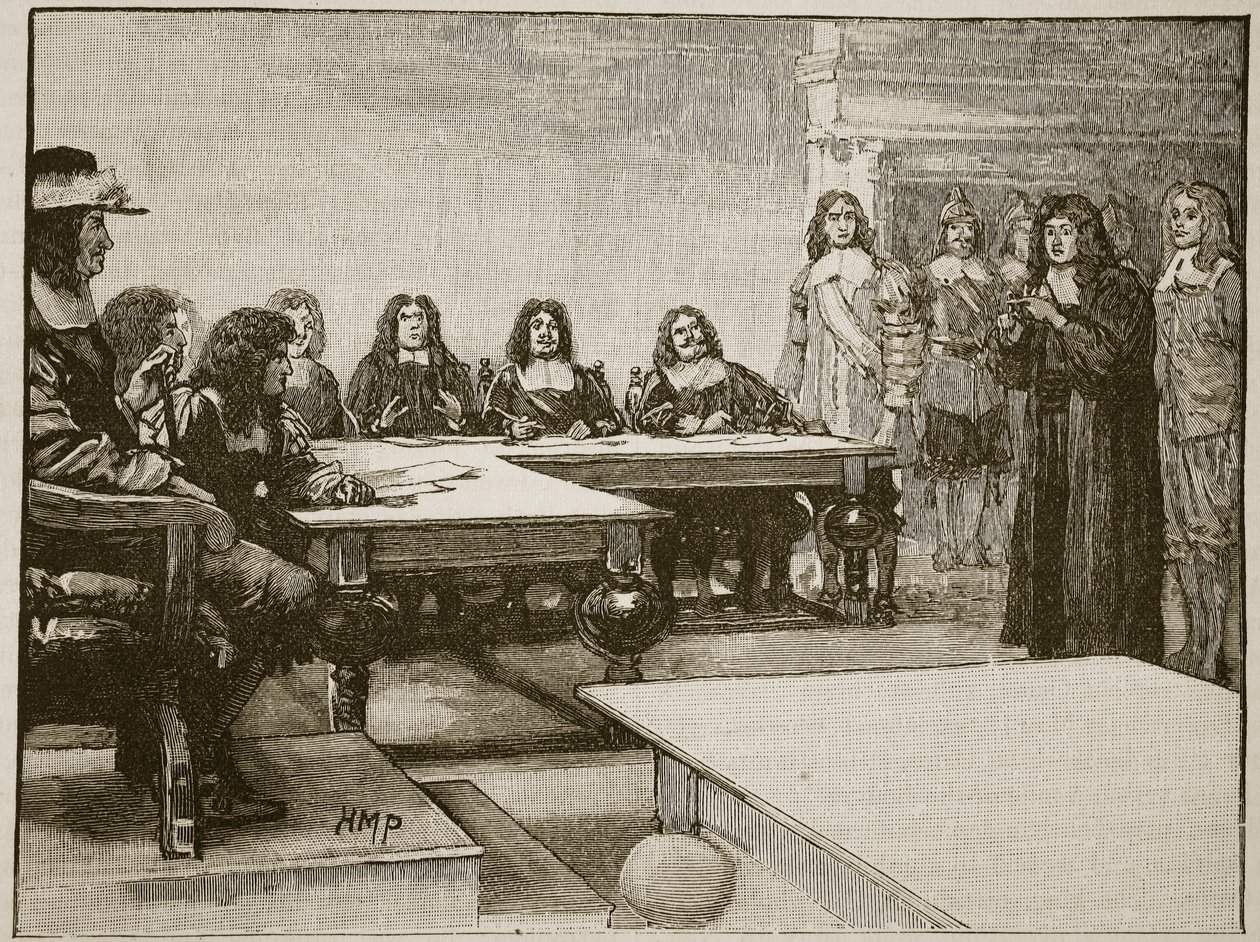 Titus Oates a titkos tanács előtt, illusztráció a Cassells Illustrated History of Englandből (szépia fotó) alkotó: English School