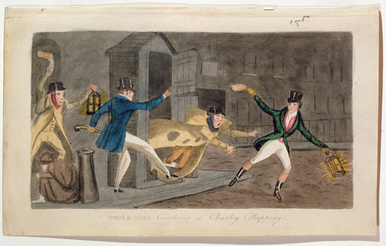 Tom és Bob elkap egy Charley szundikálást, 1821 (akvatinta) alkotó: English School