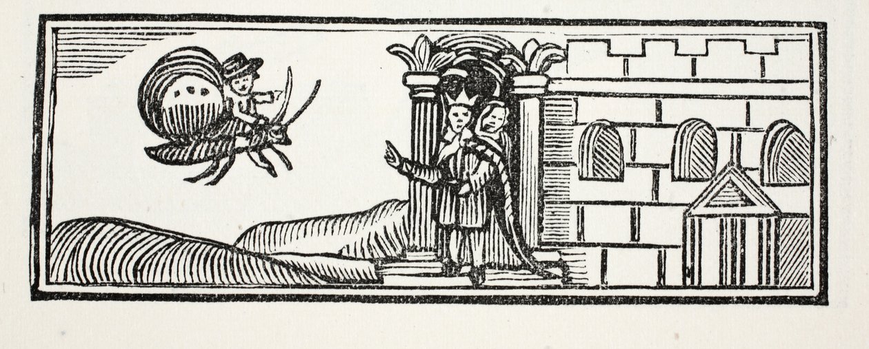 Tom elbújt, és egy pillangó hátán próbált megszökni. Illusztrációja a Chap-books of the Eighteenth Century, John Ashton, kocsma. 1882 alkotó: English School