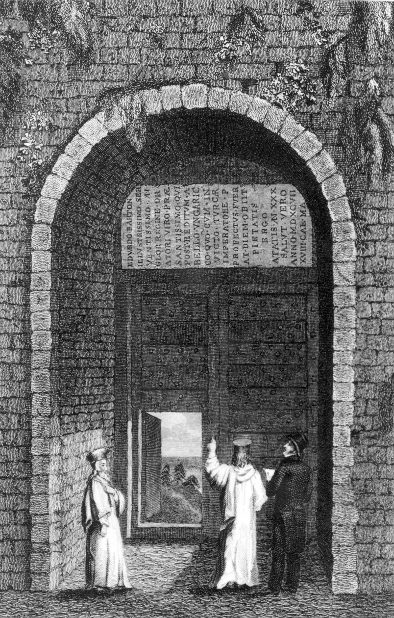 Edward Barton brit nagykövet sírköve († 1597) a Herceg-szigetek kolostorkapuja fölött, Robert Walsh konstantinápolyi rezidenciájáról, 1836 alkotó: English School