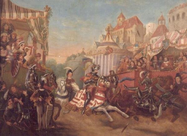 Az 1416-os calais-i torna Richardot, Warwick grófját ábrázolja, Collard Fynes lovaglásáról (panel) alkotó: English School
