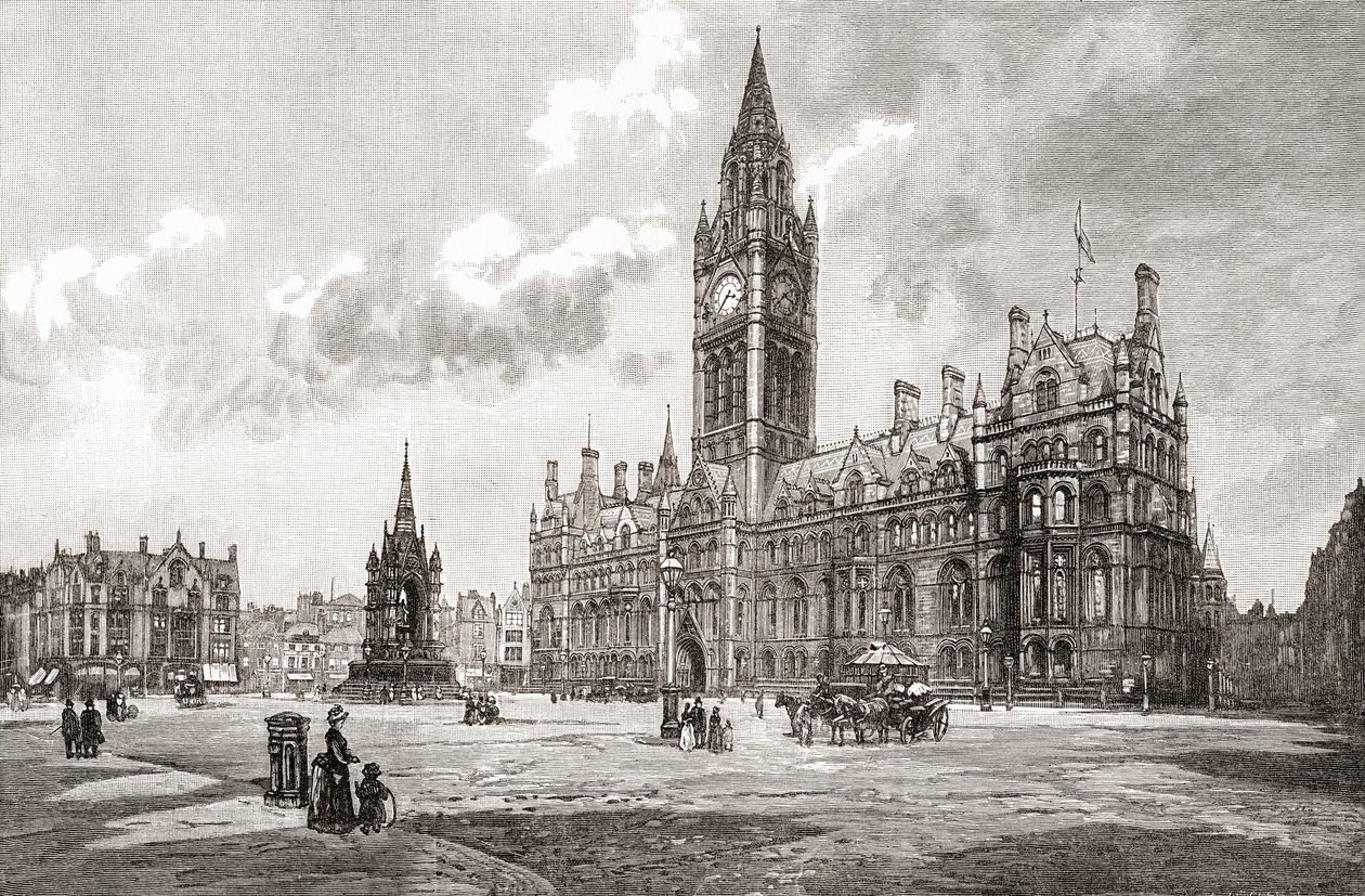 Városháza, Albert Square, Manchester, a "Cities of the World" című, 1893 körül megjelent kiadványból (nyomtatás). alkotó: English School