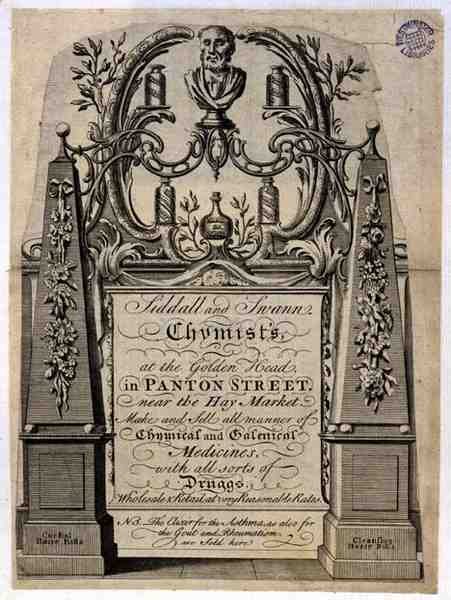 Kereskedelmi kártya Siddall és Swann, vegyészek számára a Golden Headben, Panton Street, London (metszet) alkotó: English School