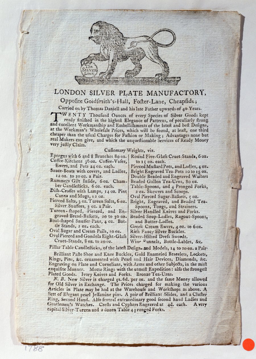 A London Silver Plate Manufaktúra kereskedelmi kártyája, 1788 alkotó: English School
