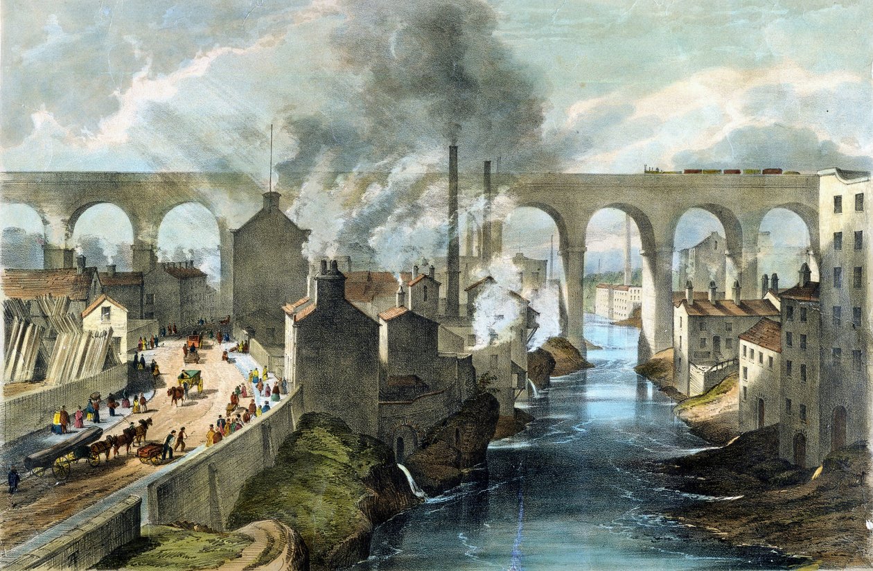 Vonat keresztezi a Stockport Viaduktot a London  North Western Railway-en, 1845 körül (színes litográfia) alkotó: English School
