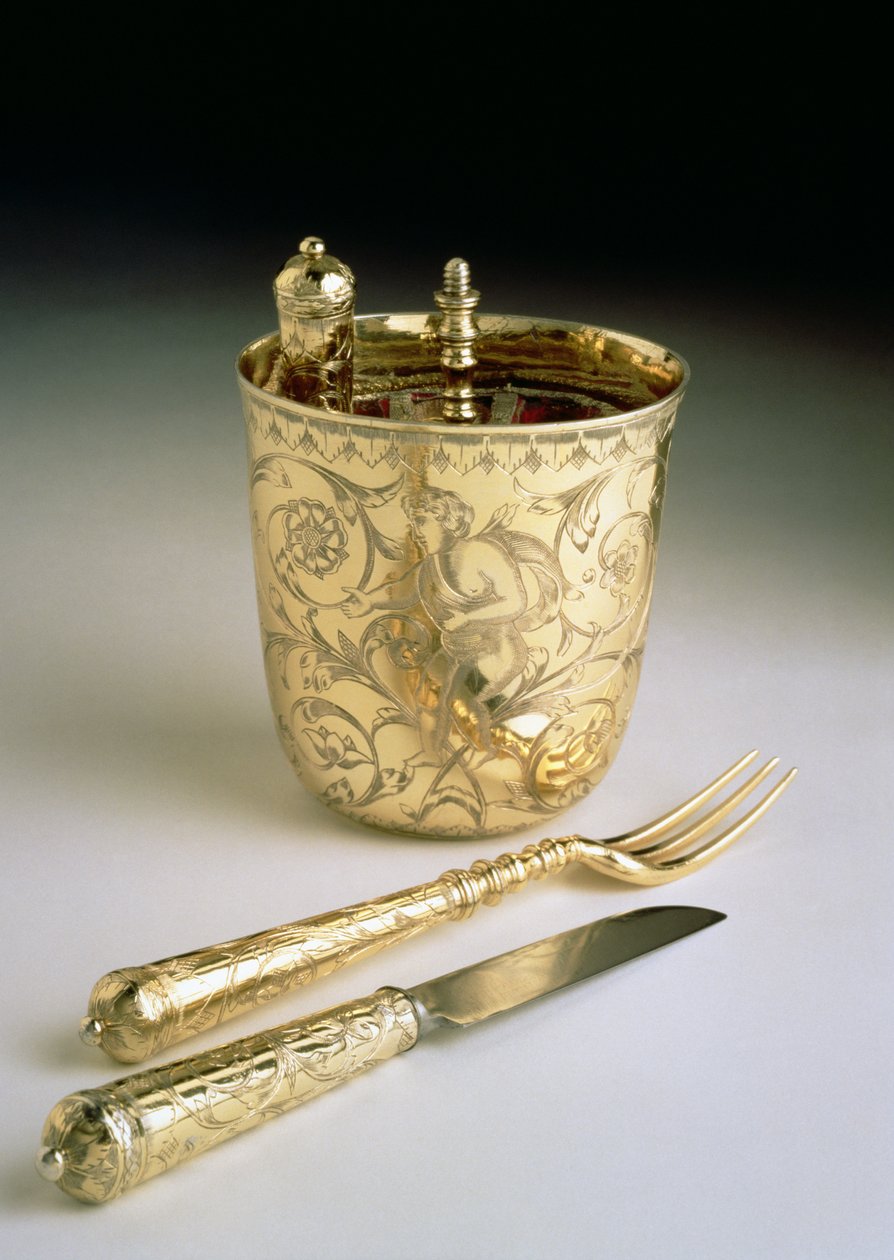 Utazókészlet késből, villából, kanálból és főzőpohárból, 1690 körül (ezüst) alkotó: English School
