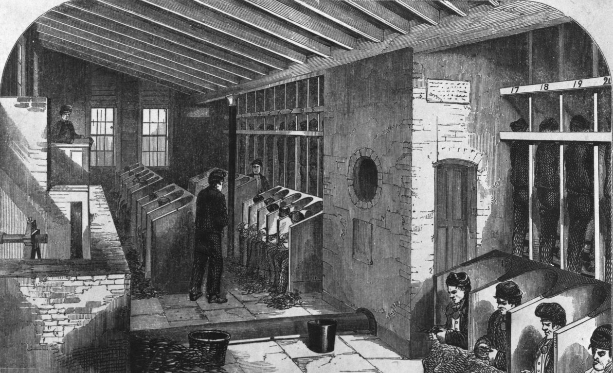 Futókerék és Oakum-Shed a városi börtönben, Holloway, Henry Mayhew és John Binny „The Criminal Prisons of London and Scenes of Prison Life” című könyvéből, 1862 (metszet) alkotó: English School