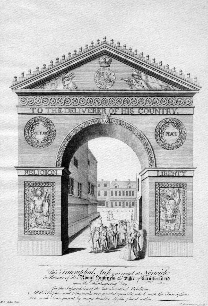 Diadalív, amelyet Norwichban állítottak fel Cumberland hercegének tiszteletére, Paul Fourdrinier metszet, 1746 alkotó: English School