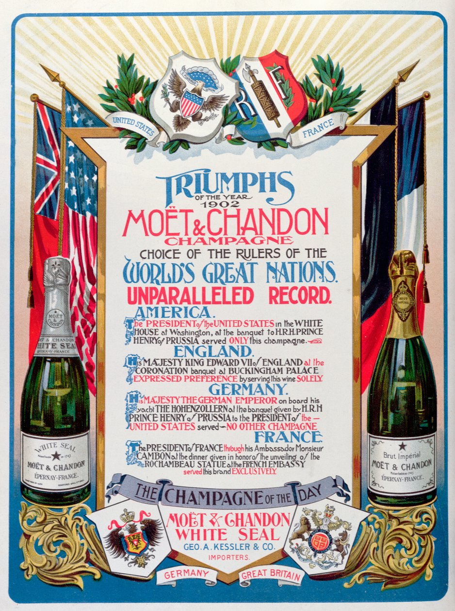 "Az 1902-es év diadalai, Moet  Chandon pezsgő, a világ nagy nemzeteinek uralkodói választása", hirdetés a "The Theatre" magazinban. alkotó: English School