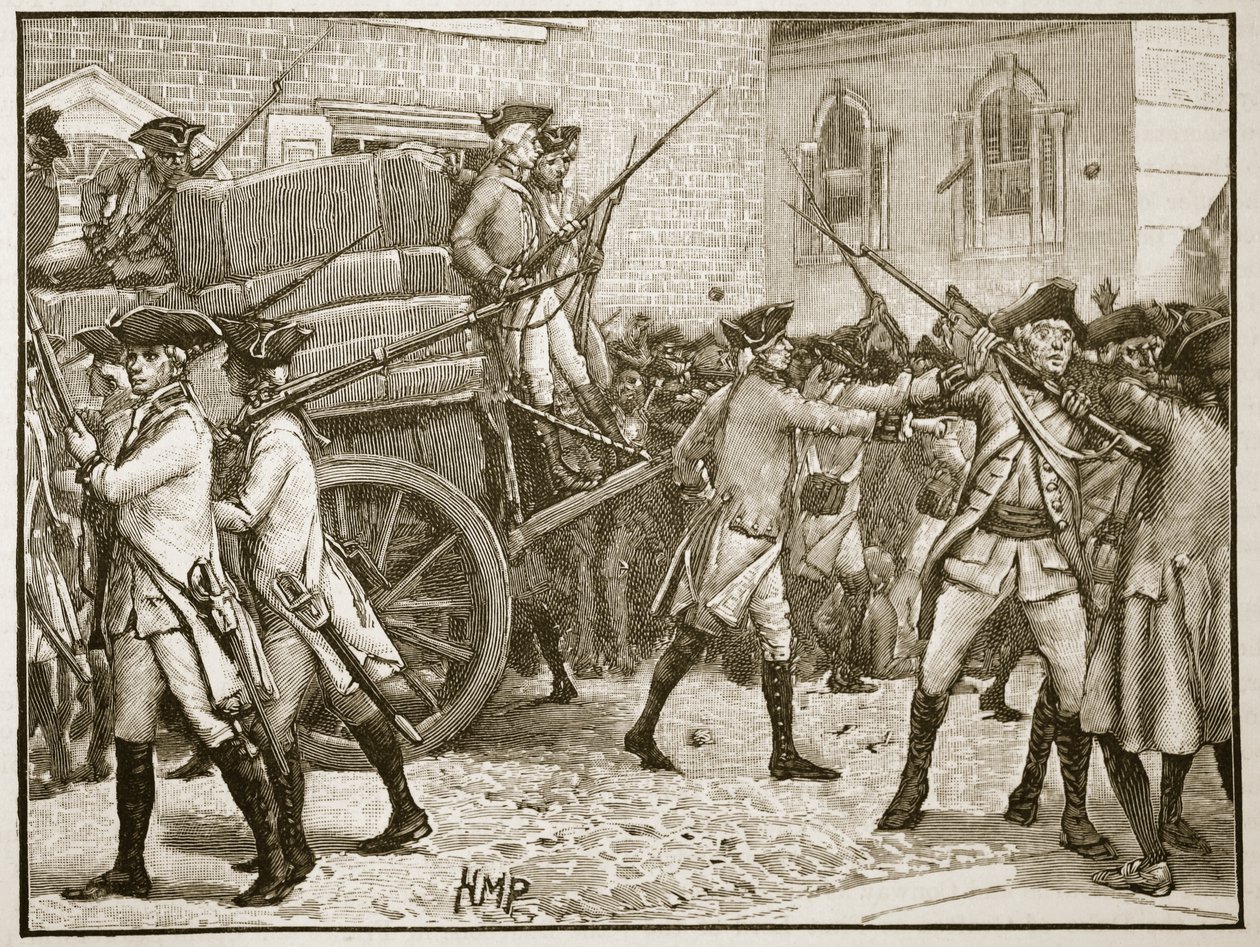 Csapatok kísérik a lepecsételt papírt a városházához, New York, 1766, illusztráció a Cassells Illustrated History of England című könyvéből (szépia fotó) alkotó: English School