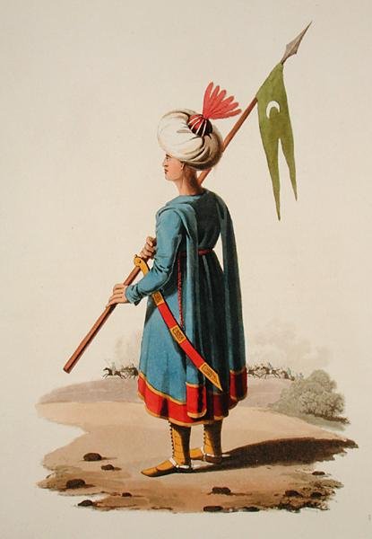 Török katona, a „Különféle nemzetek jelmezei”, VII. kötet „The Military Costume of Turkey”, Thomas MacLean, kiadása 1800-1818 körül (kézzel festett akvatinta) alkotó: English School