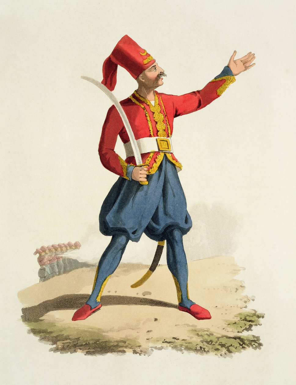 Török katona, a Különféle nemzetek jelmezeiből, VII. kötet, The Military Costume of Turkey, Thomas MacLean, kiadva 1800-1818 körül (kézzel festett akvatinta) alkotó: English School