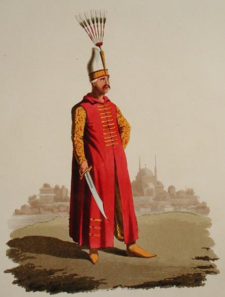 Török harcos, a „Különféle nemzetek jelmezei”, VII. kötet „Törökország katonai viselete”, Thomas MacLean, kiadása 1800-1818 körül (kézzel festett akvatinta) alkotó: English School