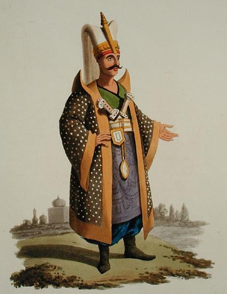 Török harcos, a „Különféle nemzetek jelmezei”, VII. kötet, „Törökország katonai viselete”, Thomas MacLean, kiadása 1800-1818 körül (kézzel festett akvatinta) alkotó: English School