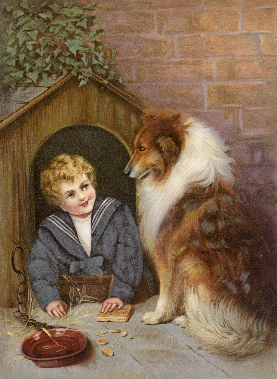 Turned Out - Collie kutyának tettetett fiú (színes litográfia) alkotó: English School