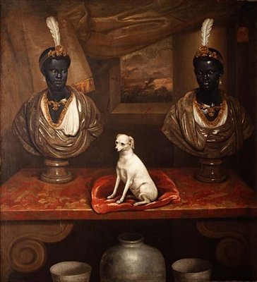 Két blackamoor mellszobor és egy terrier, 1720 körül alkotó: English School