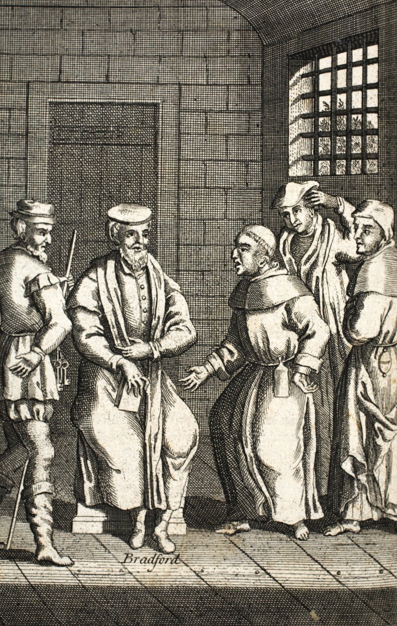 Két spanyol barát beszélget Mr. Bradforddal, illusztráció a Foxes Martyrs c.1703-ból 99: Foxes Book of Martyrs; John Fox; c17.; Rókák; alkotó: English School