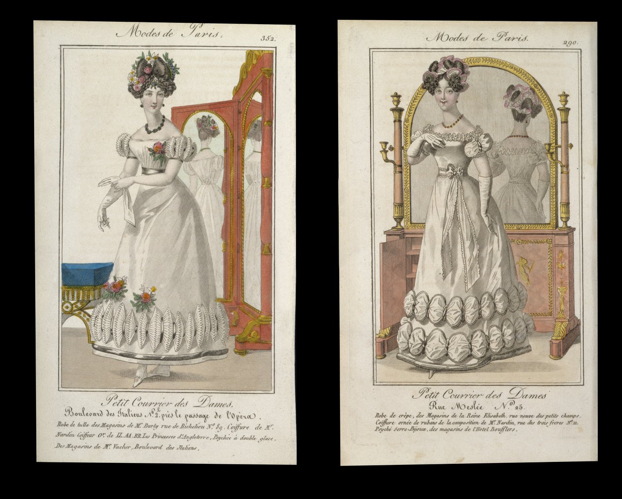 Két estélyi ruhás hölgyek divattányérja, Modes de Paris reklámjai, 1825 körül alkotó: English School